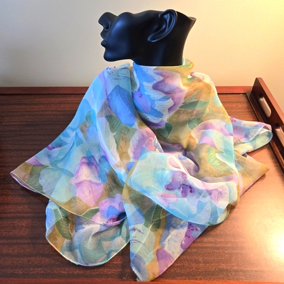 Three Sheer Woman's Scarfs, 2 Square, 1 Rectangle, Pastel & Neutral Colors - Picture 3 of 16